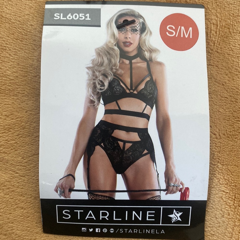 NWT Yandy Black Lace Choker Bralette, Garter belt, and Thong Set